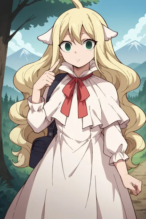 score_9, score_8_up, score_7_up, source_anime, mavis, long hair, blonde hair, green eyes, ahoge, wavy hair, animal ears,, dress, white dress, collar, ribbon, red ribbon, capelet, long sleeves,, mountain trail, hiking, nature, backpack, adventure, fresh air...