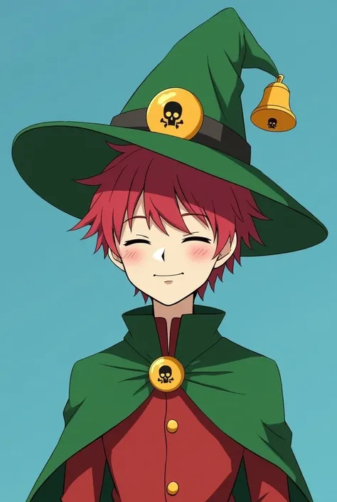 A not very tall man, close your eyes,  smile without showing teeth,  Short red hair, with a green wizard hat with a big yellow bell on the tip of the hat,The bell has a round shape with a printed skull,  bells and a bell symbol printed in the middle of the...