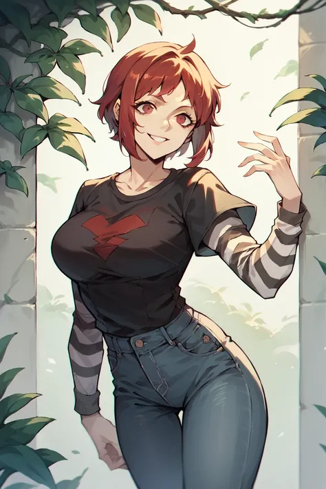 1 girl, solo, black short sleeve t-shirt, layered sleeves, white long sleeves, jeans, defMonica ,red hair, red eyes, black t-shirt over white long sleeves, confident smile, large breasts, striped sleeves