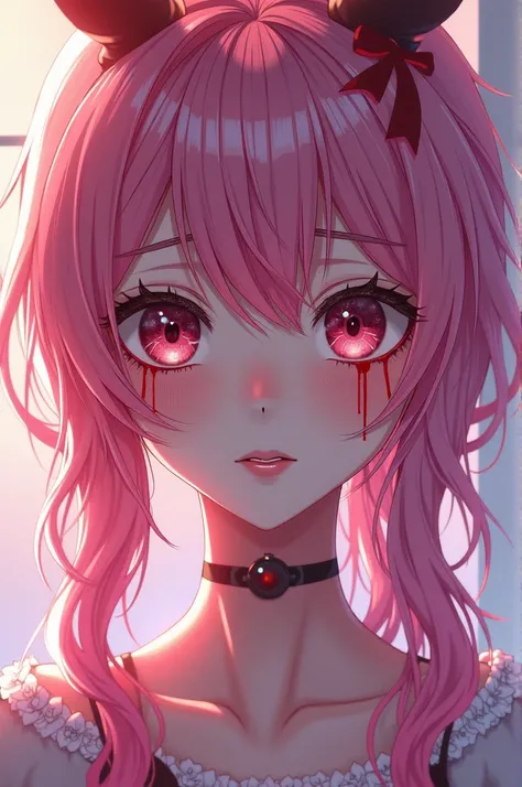 crazy girl, with a splash of blood on her face ,  looks at the camera with slight perplexity, in a cute . Photo up to the waist,  palette, the pink anime style  