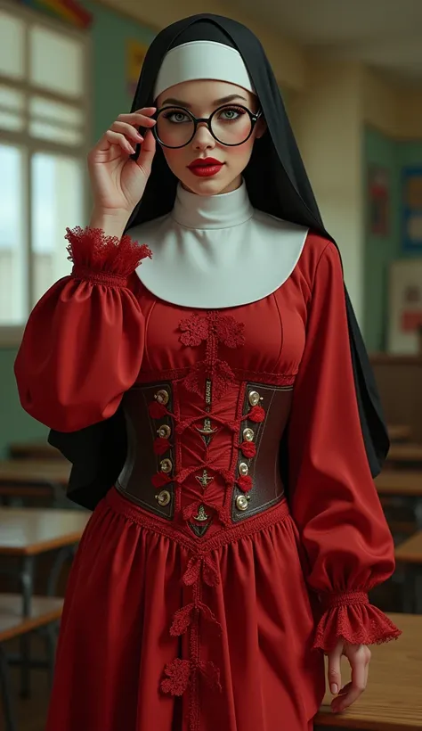 the proportions and detailed textures multicolored brushwork and softened with airbrush, semi-realism ink china illustration A sexy young nun´s is shown (full body and in high quality, bold pose, perfect face, innocent look (bright emerald eyes) full lips,...