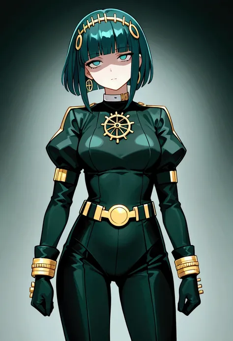 Cleopatra(fate), neutral, expressionless, standing, looking at viewer, blunt cut, bob, blunt bangs, bob cut, wiry, gloves, choker, dark green leotard,,Shaded face, rolling eyes, no pupils, 1girl, solo,