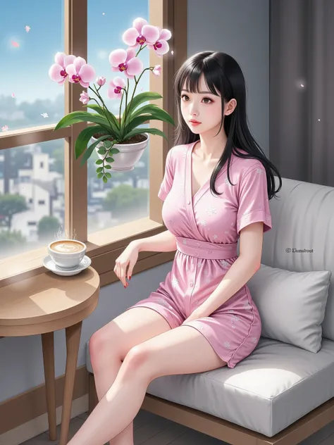  Minimalist Picture ， minimal style， A cute beauty with a ball head ， is sitting on a sofa by the window with a phone ， There is a steaming cup of coffee on the wooden table next to the window ，Half-length portrait， looking out the window ， The girl is wea...