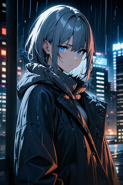 woman, twenty-five year old, solo,
beautiful gray hair, short hair,
clear blue eyes,
front angle,
cold, loneliness, serious,
rainy night city scenery,
masterpiece, best quality, very beautiful, very detailed, 