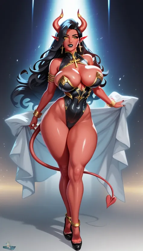 (Alone),full body, 1girl wearing very light black armor, mature, jet black hair, colored skin, (Red skin:1.1), big breast, erotic body, Demon horns, succubus tail, (yellow eyes), long hair, pointed ears, (freckles all over the body), (black lips), cross-le...