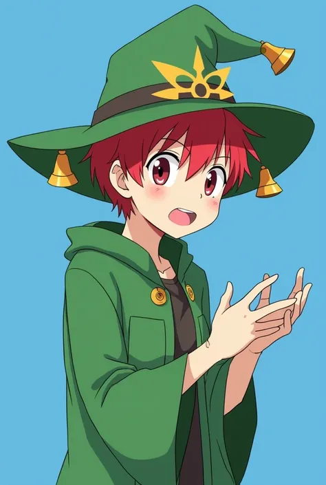 A not-too-tall person , wear, His expression is one of explaining something,  Short red hair,  wearing a green wizard hat with bells at the ends and a bell symbol printed in the middle of the hat,  anime style, blue background