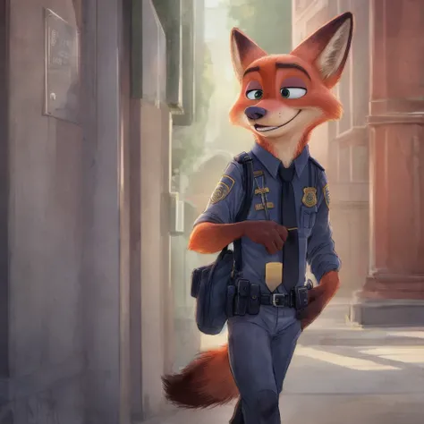 Zootopia, Nick Wilde, man, fox, solo, tie, safe, dressed, police uniform,
negative prompt