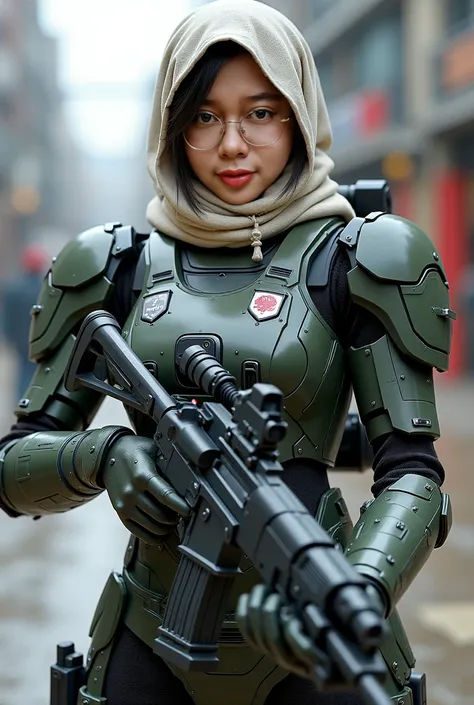 Beautifull japanese female wear hijab, mecha pilot suit, fortified suit from muv-luv, standing hold weapon