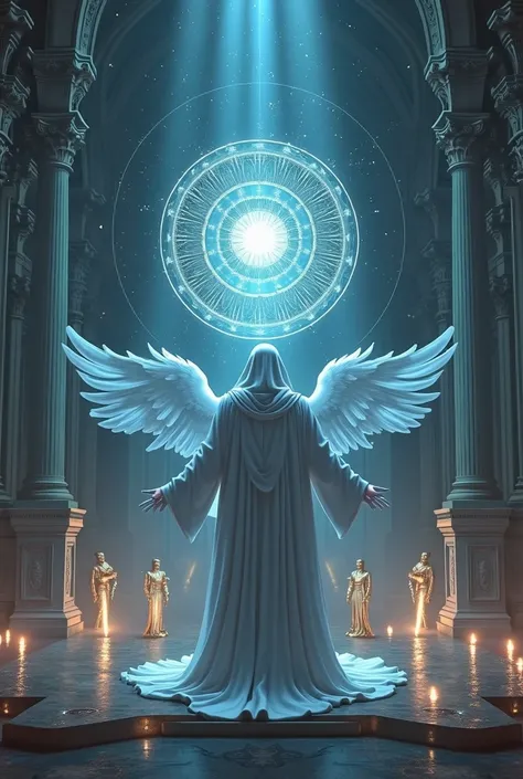  masterpiece, God programming the reality in which we live. Use a supercomputer designed by alien . Rays come out due to the use of the machine.
 God is in a golden temple ,  full of angels in golden armor and shining swords watching over him around him.
A...