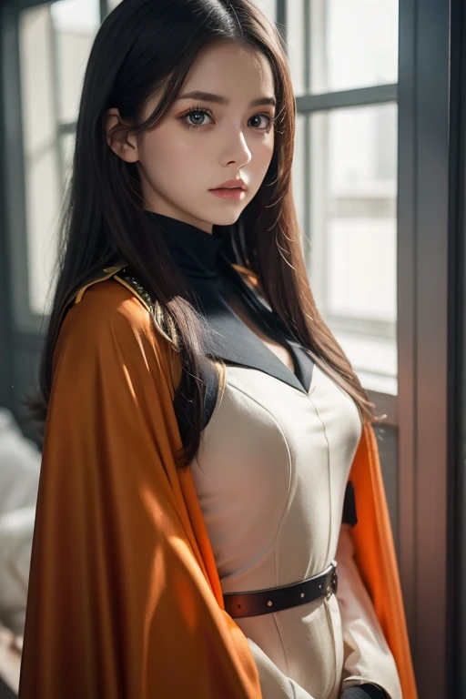  white 20year-old girl with long black hair is wearing a military uniform,  Orange Cape , Big hazel eyes,  Science Fiction , Dark mood, charturnerv2