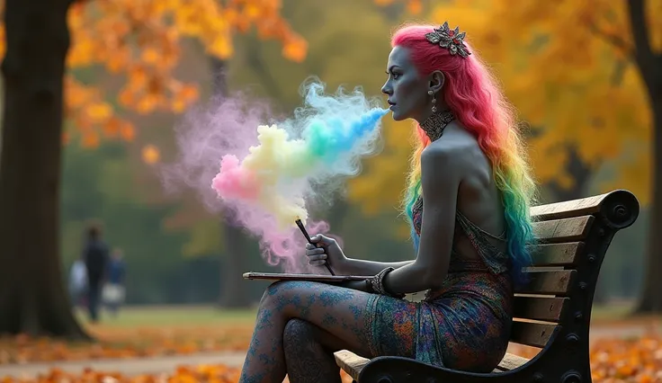 A stunningly gorgeous female cosmic being sits on a weathered park bench in Central Park, surrounded by vibrant fall foliage. Artists scattered around her capture the kaleidoscope of autumn hues on canvas, but their brushstrokes slow as colorful cosmic smo...