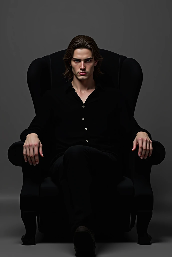 Handsome and long-haired man sitting on a black chair