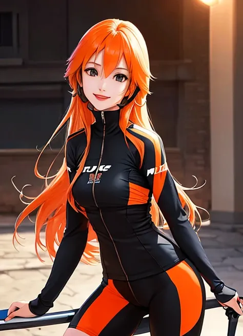 woman is smile, long hair brown, helmet normal, she is solo, from alternative world ,best quality, realistic, cycling orange and black color suit and cycling sports shorts, she is stand , red lipstick,