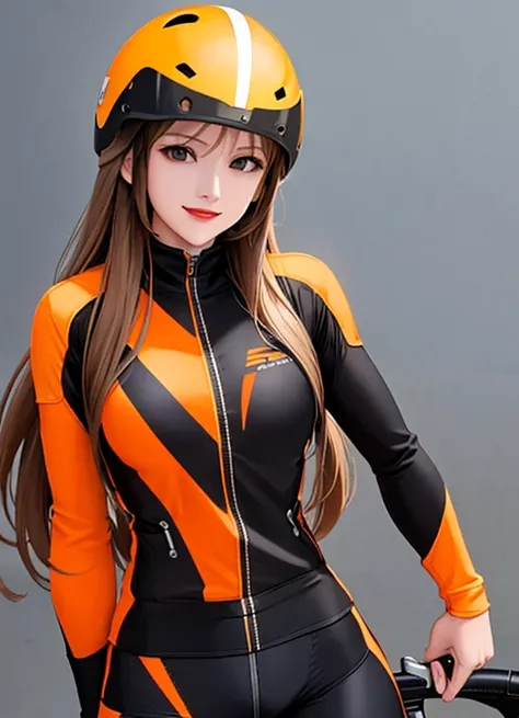 woman is smile, long hair brown, helmet normal, she is solo, from alternative world ,best quality, realistic, cycling orange and black color suit and cycling sports shorts, she is stand , red lipstick,