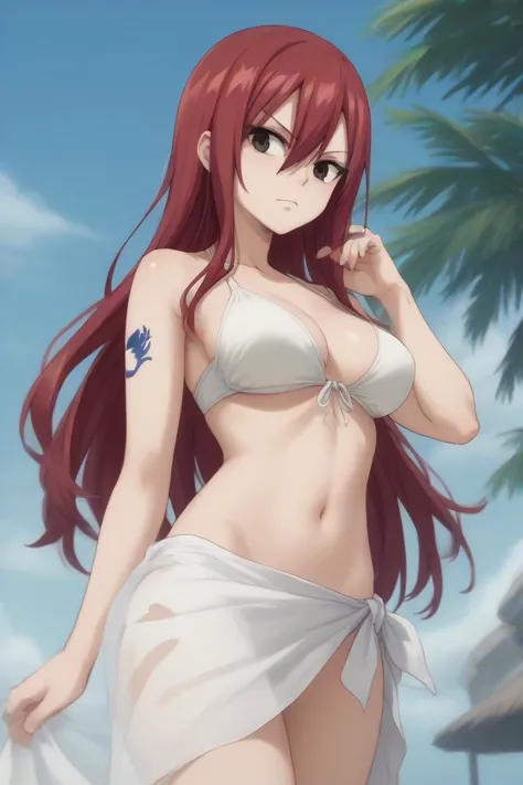 erza scarlet, long hair, red hair, hair between eyes, brown eyes,
navel, swimsuit, bikini, tattoo, white bikini, sarong,