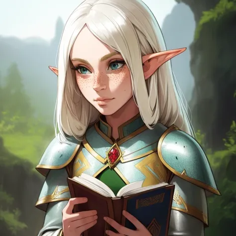 beautiful woman,  elf ear,katyasitak , skin cover, armors, (close up, portrait photo), female elf,( alone), Reading head  , freckles,  realistic,  depth of field  