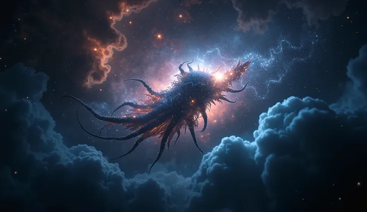 In the cosmic abyss, a celestial chiaroscuro sonic symbiote pulses with cosmic energy, its form a dance of light and shadow. This mesmerizing entity appears as a shimmering blend of darkness and starlight, hovering in a symphony of sound and color. The ima...