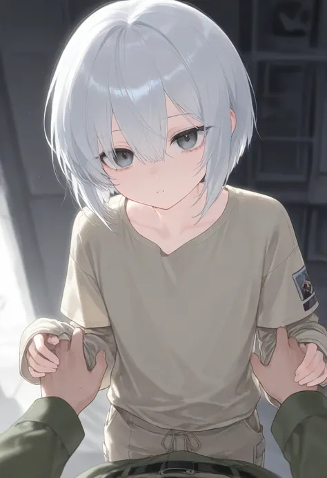  silver hair, Short bob cut, Gray eyes, male,  handsome,  attractive , 20 year old male, Khaki sleeveless t-shirt, Military pattern military pants,  subjective point of view, Slender body type, Light-skinned , Dark circles under the eyes, Bandages wrapped ...