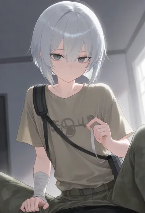  silver hair, Short bob cut, Gray eyes, male,  handsome,  attractive , 20 year old male, Khaki sleeveless t-shirt, Military pattern military pants,  subjective point of view, Slender body type, Light-skinned , Dark circles under the eyes, Bandages wrapped ...