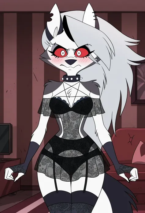 anime screencap, absurdres, high quality, official style, 1girl, solo, loona \(helluva boss\), loona, long hair, red eyes, animal ears, collarbone, tail, grey hair, wolf ears, claws, wolf tail, furry, colored sclera, furry female, wolf girl, body fur, whit...