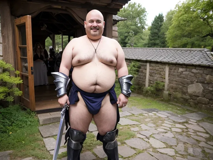 male,  Japanese, fat,50 years old、 Excessive obesity ,  crew cut , nude、Bald、Cloth Bikinis 、 bulging crotch、 big crotch,  shoulder armor, Nipples ,smile ,  shoulder guard ,  are standing ,  boots , whole body、A large sword with a gorgeous ornament、male性、I'...