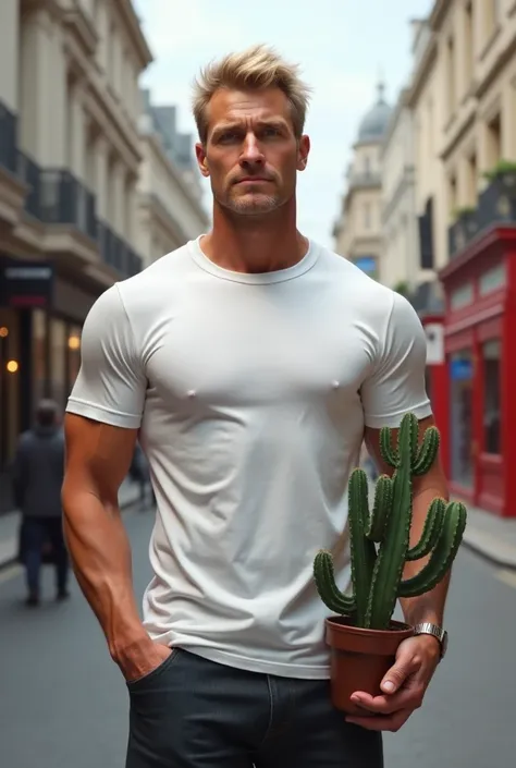 Male model with short hair blond , 47 ans, bras et cuisses réalistes, cactus dans une main, t-shirt blanc, In the background a London street