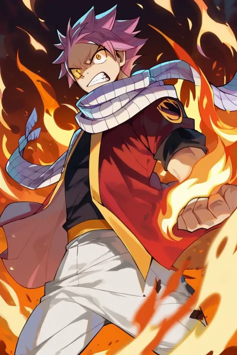 Natsu Dragneel, Salmon hair, yellow eyes, frizzy hair, scarf, athletic body, White stretch pants, black and red vest, fire, battle zone, looking at viewer, angry face, glowing eyes:1.4,