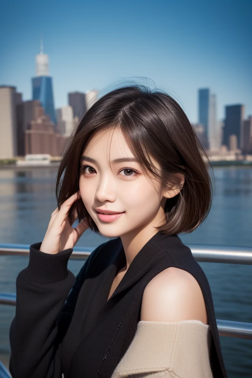 ((( Face Up )))、((( brown, Shoulder length,  straight short bob taken by someone)))、((( with the New York skyline in her background 、 pose like a model in a beauty salon。.)))、(((Casual black long sleeve winter clothing)))、Half Japanese、Half Korean 、  18 ye...