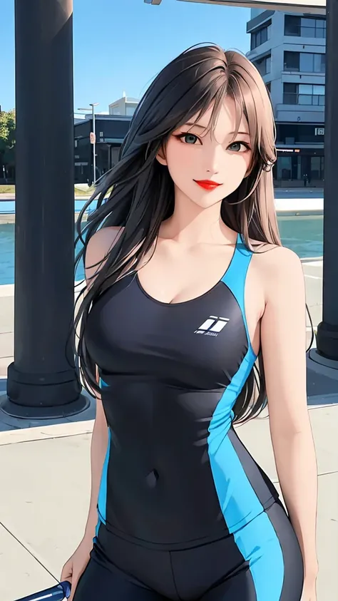 woman is smile, long hair brown, she is solo, from alternative world ,best quality, realistic, cycling full blue and black mix color suit and cycling sports shorts, she is stand , red lipstick 