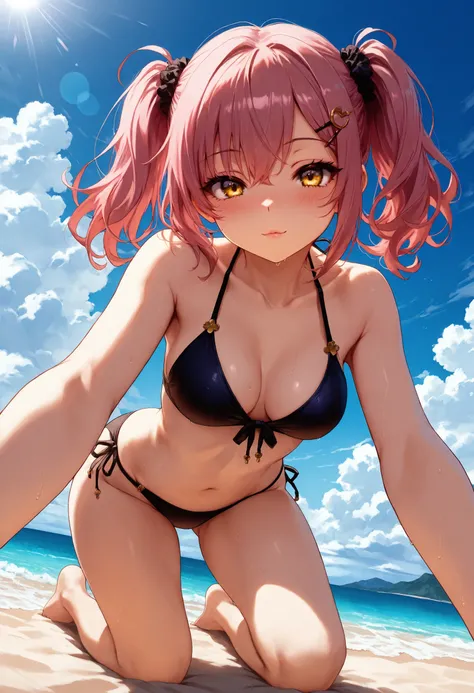 1 woman, solo, dutch angle, from below, dark pink hair, short hair, double ponytails, hairpin, golden eyes, beautiful detailed eyes, medium breasts, two-piece bikini, thicc thighs, kneeling, seductive pose, beach, beautiful clouds, sunny, masterpiece, high...