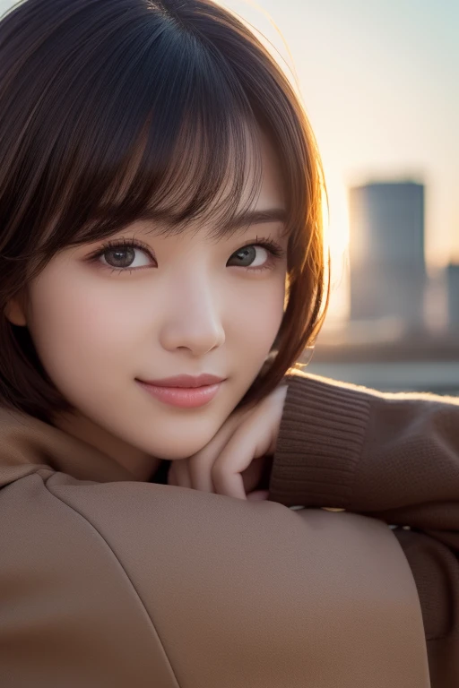 ((( Face Up )))、((( brown, Shoulder length,  straight short bob taken by someone)))、((( with the New York skyline in her background 、 pose like a model in a beauty salon。.)))、(((Casual black long sleeve winter clothing)))、Half Japanese、Half Korean 、  18 ye...