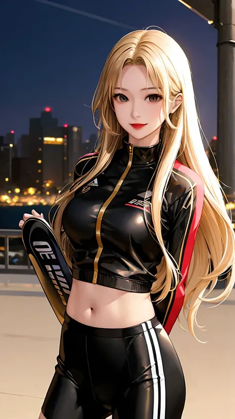 woman is smile, long hair brown, she is solo, from alternative world ,best quality, realistic, cycling full gold and black mix color suit and cycling sports shorts, she is stand , red lipstick 