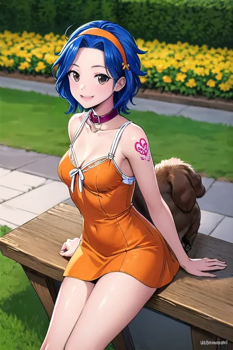 best quality, masterpiece,illustration,ultra detailed,
levy, levy mcgarden,1girl,solo ,breasts,blue hair,hairband, brown eyes,orange dress,smile,short dress,panties, Wearing a dog collar, Naughty tattoo on the back
 