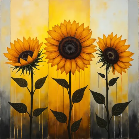 an abstract of single sunflower in four stages of life within one canvas: budding, blooming, wilting, and decaying. Each stage overlaps transparently, with drips of melted candle wax symbolizing the passage of titiml,The background fades from dawn to dusk....