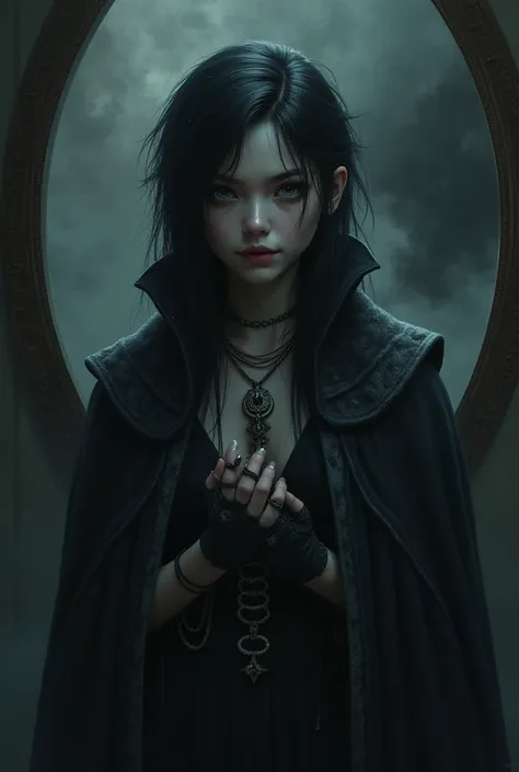 "An androgynous character with pale skin and deep, expressive eyes, long dark hair with slightly messy strands. Wearing a long, dark cloak with gray and black details, and accessories like thin gloves and an antique necklace. Enigmatic facial expression, w...