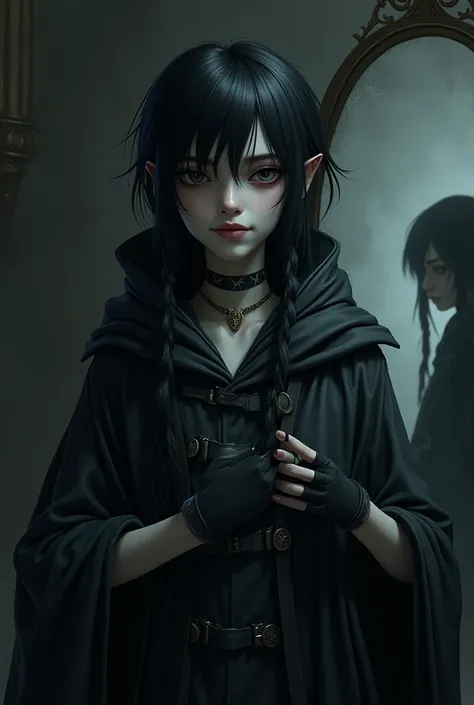 "An androgynous character with pale skin and deep, expressive eyes, long dark hair with slightly messy strands. Wearing a long, dark cloak with gray and black details, and accessories like thin gloves and an antique necklace. Enigmatic facial expression, w...