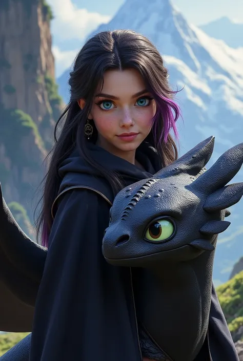 Une personnage féminine dans How to train your dragon, yeux bleu, cheveux noir avec mèche mauve, avec une furie nocturne femelle 