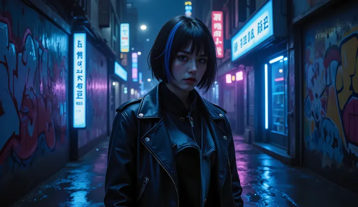 A young woman with short black hair and blue neon highlights walks through a narrow, dimly lit alley in a futuristic city. The walls are covered in glowing digital graffiti, reflecting shades of blue and purple. The ground is wet with puddles that reflect ...