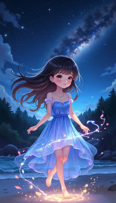  Masterpiece、 highest quality、 high resolution、 cute girl、 petite and perfect style 、(A beautiful face、  beautiful skin、beautiful brown eyes、 beautiful lips、Beautiful Nose、Perfect drawing)、flowing brown-black long hair、 transparent blue see-through dress、(...