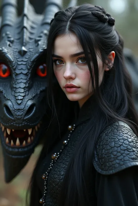 Targaryan human style: a girl with long black hair, pale skin and red eyes came with thick lips and a sharp and challenging look with the human Targerian style, next to her a dragon with a stylish targarrian, giant black and red-eyed dragon