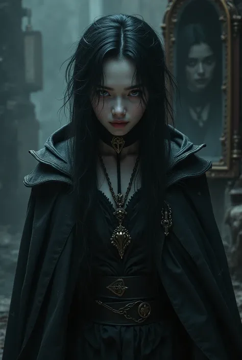 "An androgynous character with pale skin and deep, expressive eyes, long dark hair with slightly messy strands. Wearing a long, dark cloak with gray and black details, and accessories like thin gloves and an antique necklace. Enigmatic facial expression, w...