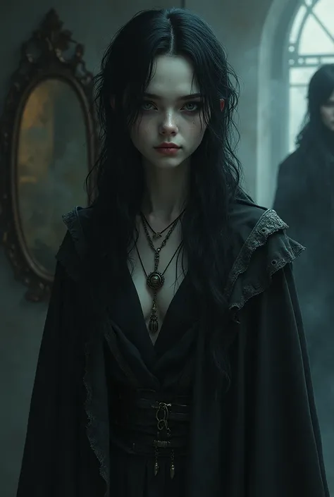 "An androgynous character with pale skin and deep, expressive eyes, long dark hair with slightly messy strands. Wearing a long, dark cloak with gray and black details, and accessories like thin gloves and an antique necklace. Enigmatic facial expression, w...