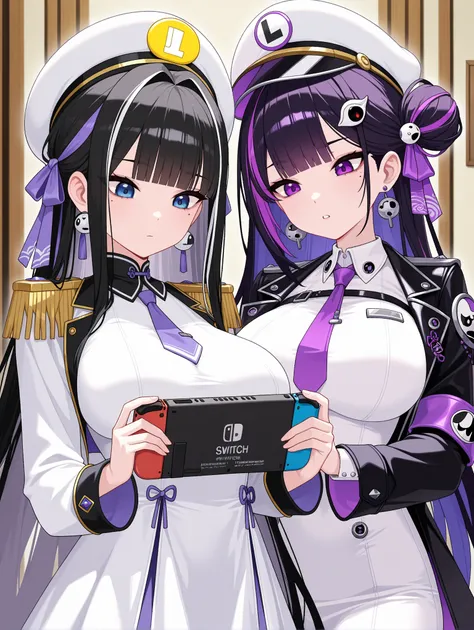 2girls, nikkesyuen, black hair, purple streaked hair, bangs, earrings, purple eyes, , jien, blue eyes, mole under eye, purple hair, multicolored hair, streaked hair, black hair, very long hair, blunt bangs, hair bun, hair ornament, purple ribbon, hair ribb...