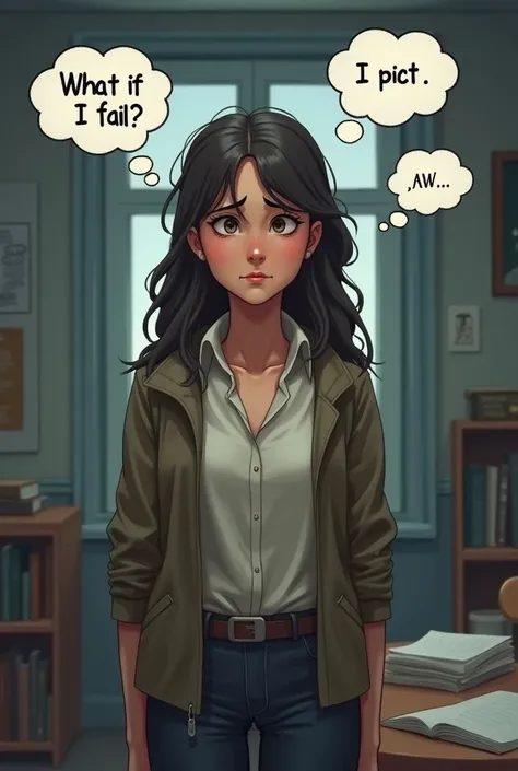 She looks overwhelmed before an exam, doubting herself, with thought bubbles of “What if I fail?”
