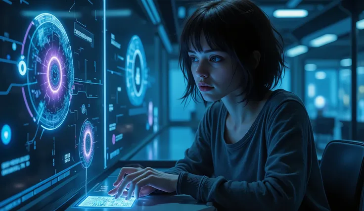 A cinematic shot of a young woman with short black hair and blue neon highlights (Kaela Voss) sitting alone in a dimly lit room, examining a glowing data chip. The chip projects holographic images into the air: a strange star map, ancient symbols, and foot...