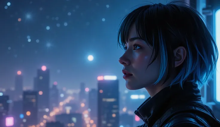 A cinematic close-up of a young woman with short black hair and blue neon highlights (Kaela Voss), her eyes reflecting the vast starry sky outside a futuristic city. She stands near a window or balcony, gazing out at the night sky filled with countless sta...