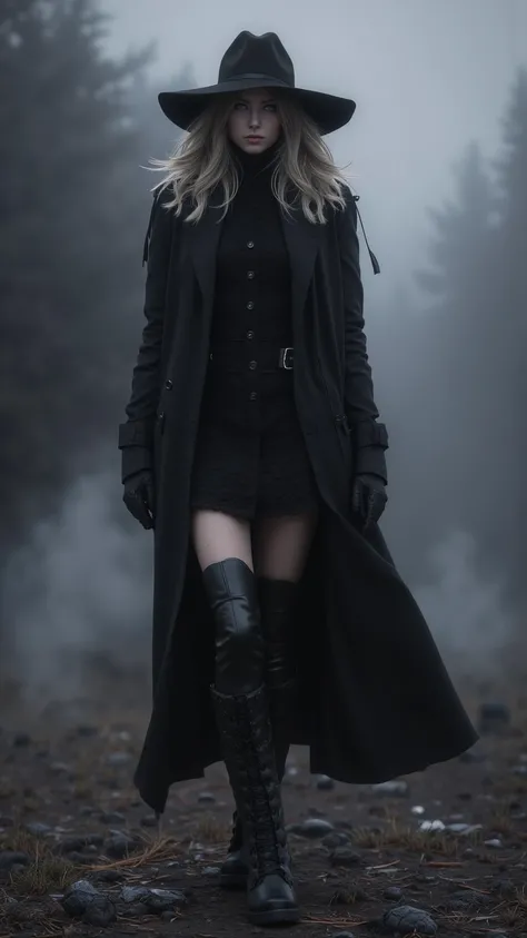 full body shot，Dark people ，aldult，cute，Tempting，innocent， Light Smile ：0.3， Plumpy lips ，Slim body ， long coat and hat ， black boots， strong fog background ， evoking blue eyes in the fog on the background，Depth of Field，Depth of Field， dynamic angle，fashi...