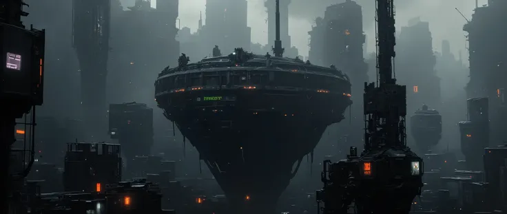 dark scifi antigravity floating dystopian brutalist city atmospheric view