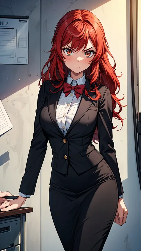 ((masterpiece, best quality:1.3, high detail)), (1girl), beautiful angry business woman, solo focus, long wavy hair, red hair, (black blazer), (black pencil ((skirt)), wide hips, office, wall,