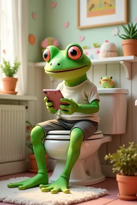 "Imagine a human frog, with bright green skin and big, expressive eyes, sitting casually on a cute bathroom toilet. The room is decorated in pastel colors, with fluffy towels and a cozy rug. The frog, dressed in a fun t-shirt and comfortable pants, holds a...